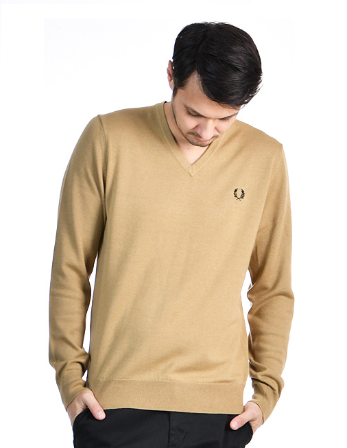 Fred Perry Pullover Lã Merino Algodão Regular Fit Modelo 2 bege - vista frontal