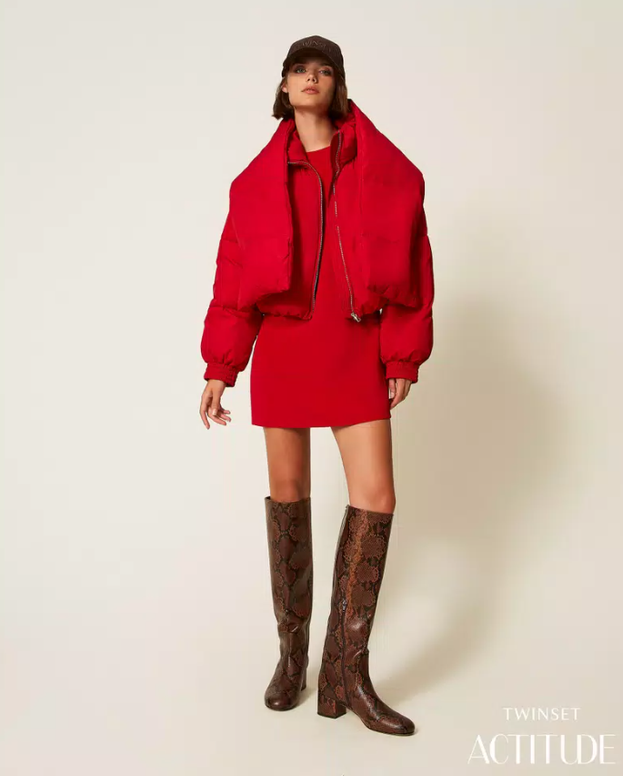 Actitude Blusão Puffer Vermelho com Cachecol Removível - detalhe