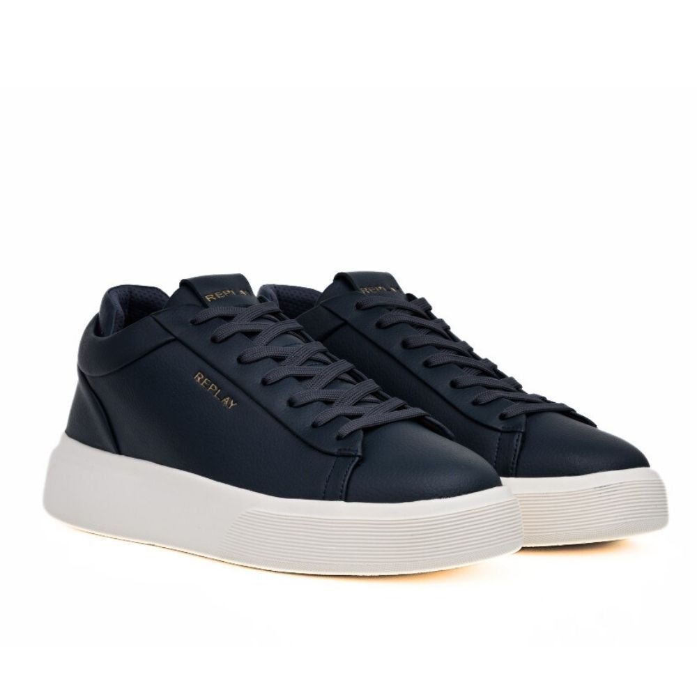 Replay Ténis Notting Double em Pele com Logo Dourado azul - vista frontal