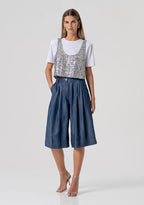 Fracomina bermuda flare lyocell chambray azul cintura alta