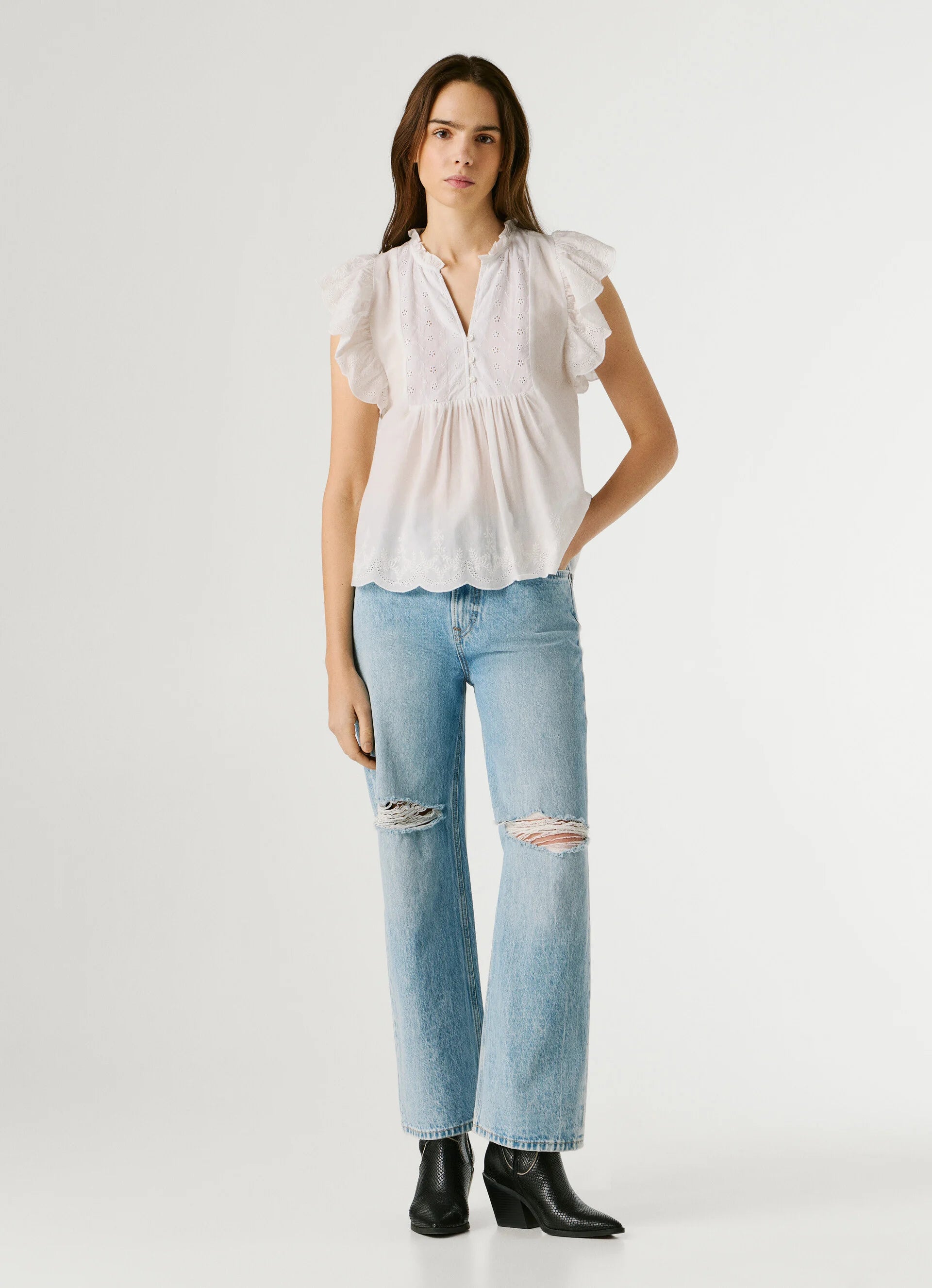 Pepe Jeans blusa manga borboleta bordados florais algodão