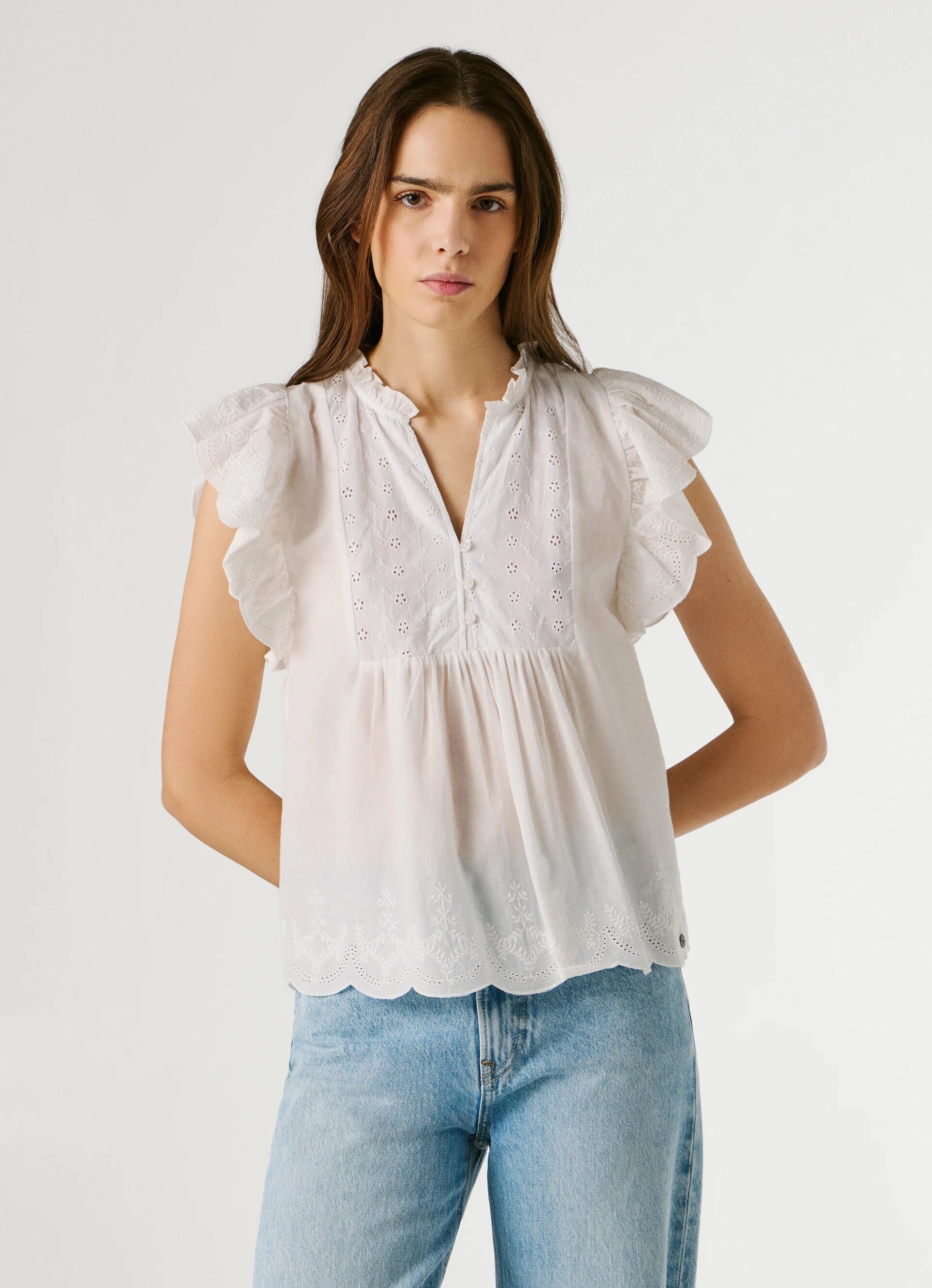 Pepe Jeans blusa manga borboleta bordados florais algodão