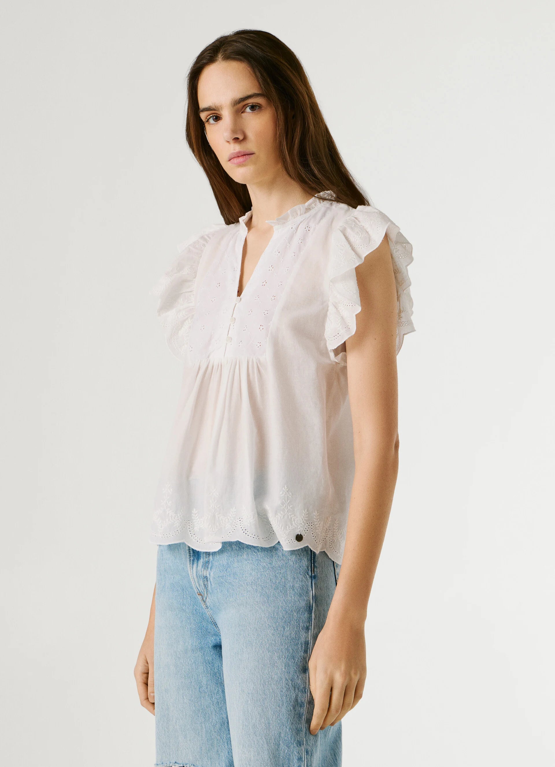 Pepe Jeans blusa manga borboleta bordados florais algodão