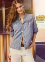Pepe Jeans camisa ganga riscas brancas gola mandarim