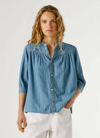Pepe Jeans camisa ganga riscas brancas gola mandarim