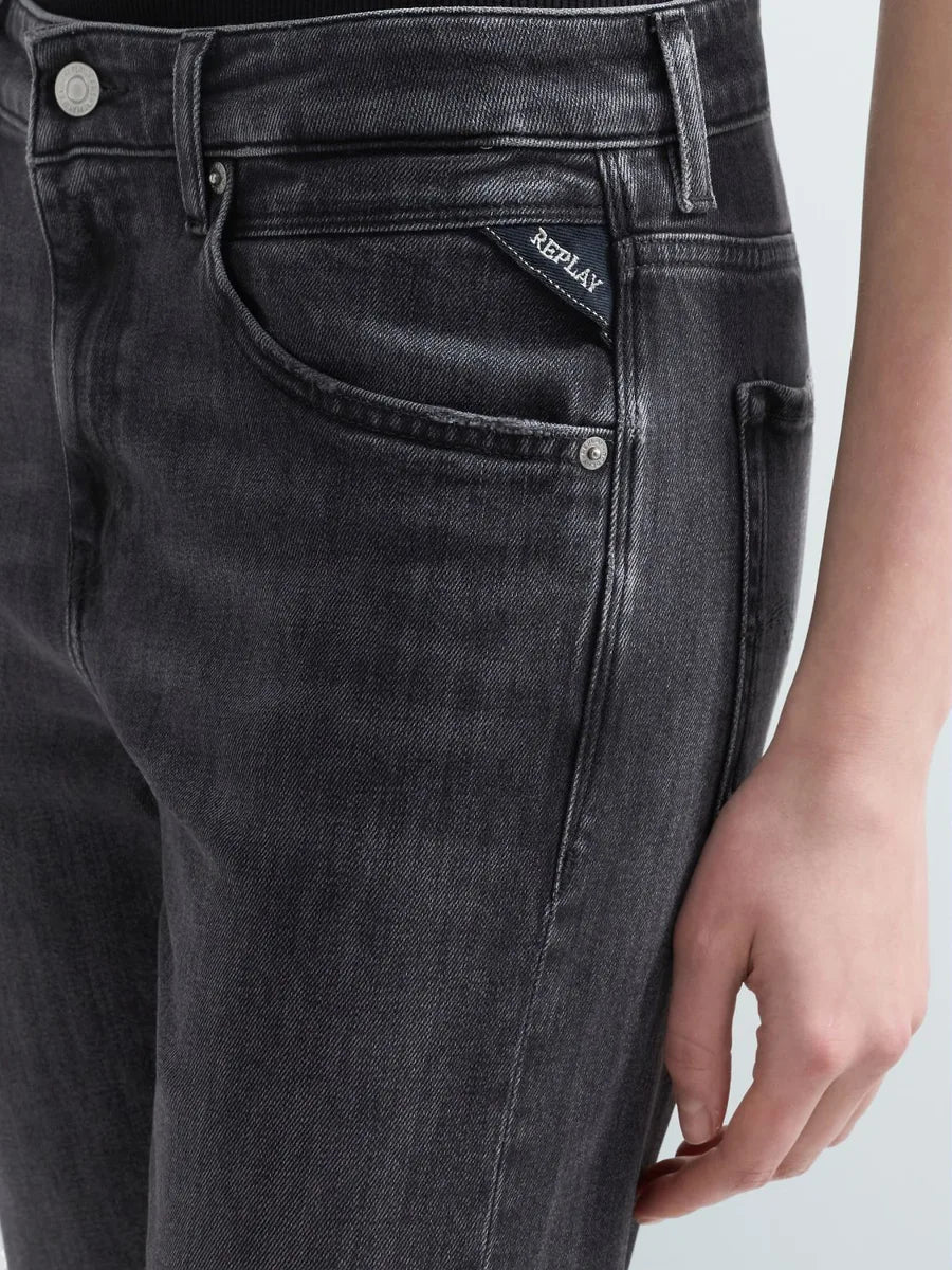 Replay calças Marty denim preto boy fit cintura regular