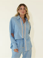 Scripta blusa fluída linho azul com tira contrastante