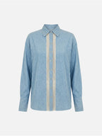 Scripta blusa fluída linho azul com tira contrastante